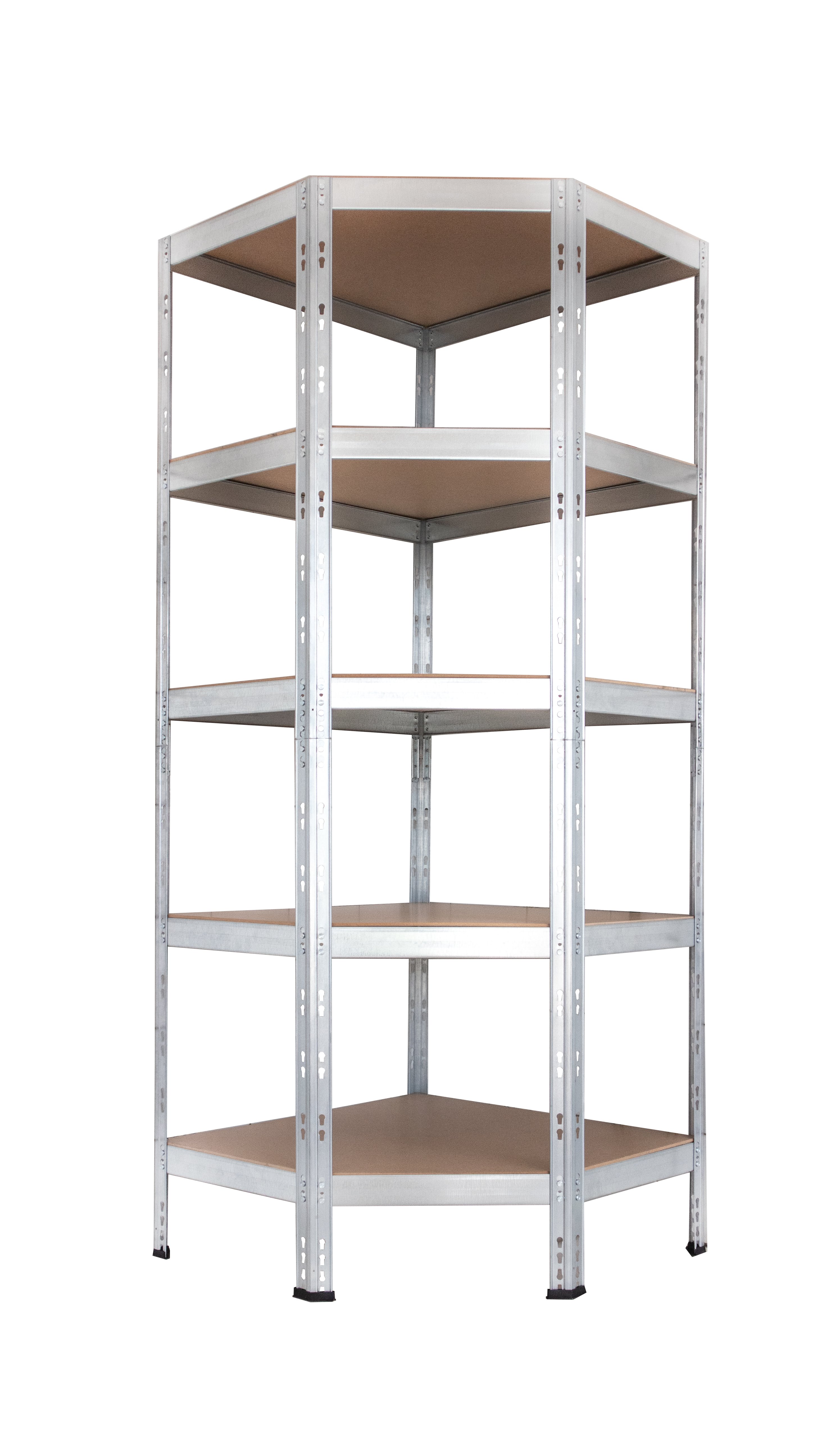 Rohový kovový regál RIVET BUDGET, 180x70x70x40 cm, 5x HDF polica, zinok