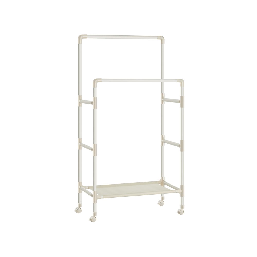 Stojan na šaty s kolieskami, 2 závesné tyče, 1 polica, 162x83x45cm, biely