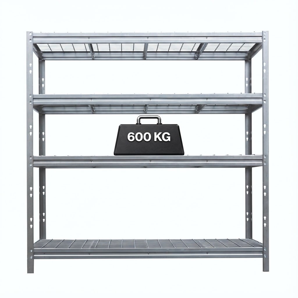 Kovový regál BULLRACK RIVET, sieťová drôtená polica, 600 kg na policu, zinok