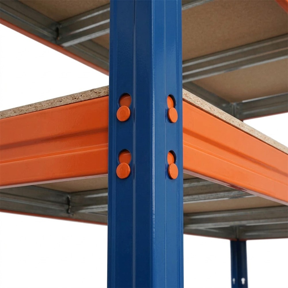 Kovové regály BULLRACK RIVET PRO 200x180x45 oceľová mriežka 5 úrovní modro-oranžová