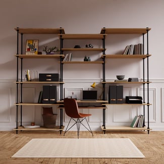 Regál s písacím stolom DECO s 15 policami a čiernym príslušenstvom, 185x235x35/52,5 cm - Hover