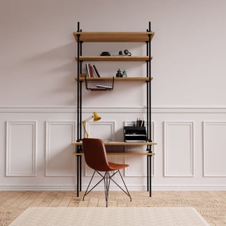 Regál s písacím stolom DECO s 5 policami a čiernym príslušenstvom, 185x85x35/52,5 cm - Hover