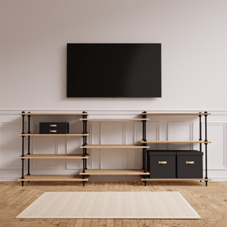 DECO PACK - kovovo drevený, nízky policový regálový systém s laminovanými policami a príslušenstvom, 92,5x235x35 cm. cierna Šedá