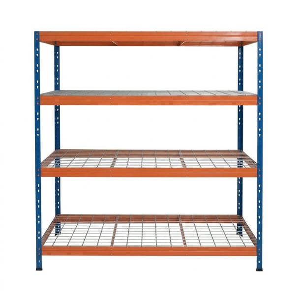 Kovové regály RIVET PRO 180x150x45 oceľová mriežka 4 úrovne modro-oranžová