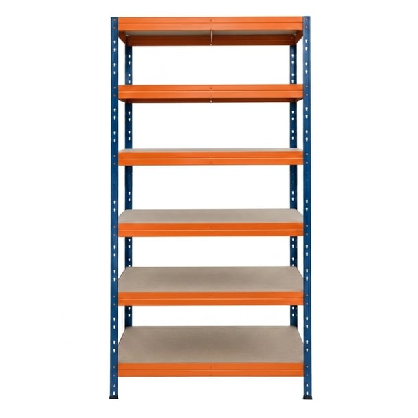 Kovové regály RIVET PRO 252x90x45 DTD drevotrieska 6 úrovní modro-oranžová