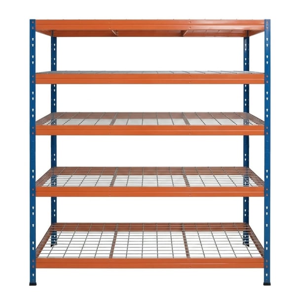 Kovové regály RIVET PRO 252x150x45 oceľová mriežka 5 úrovní modro-oranžová
