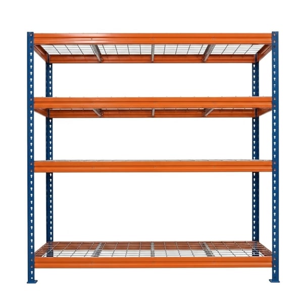 Kovové regály BULLRACK RIVET PRO 200x150x45 oceľová mriežka 4 úrovne modro-oranžová