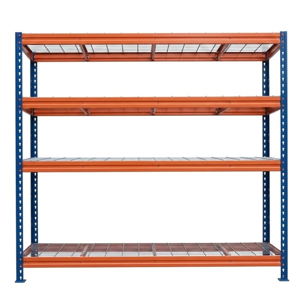 Kovové regály BULLRACK RIVET PRO 200x180x45 oceľová mriežka 4 úrovne modro-oranžová