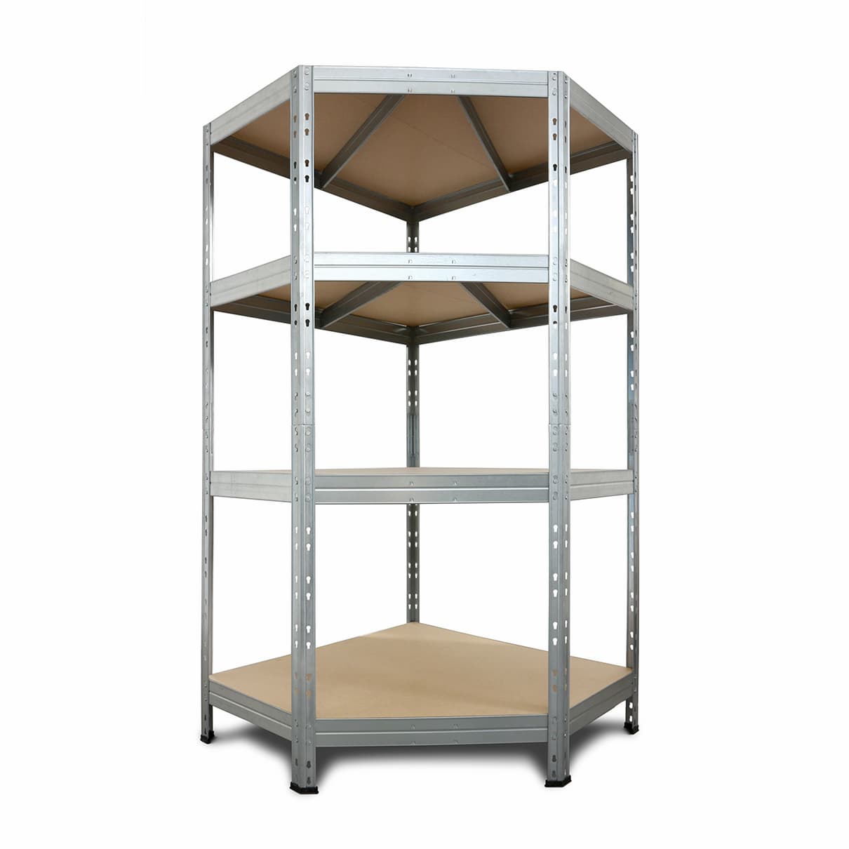 Rohový kovový regál RIVET, 180x90x45x64,5 cm, 4x HDF polica, zinok