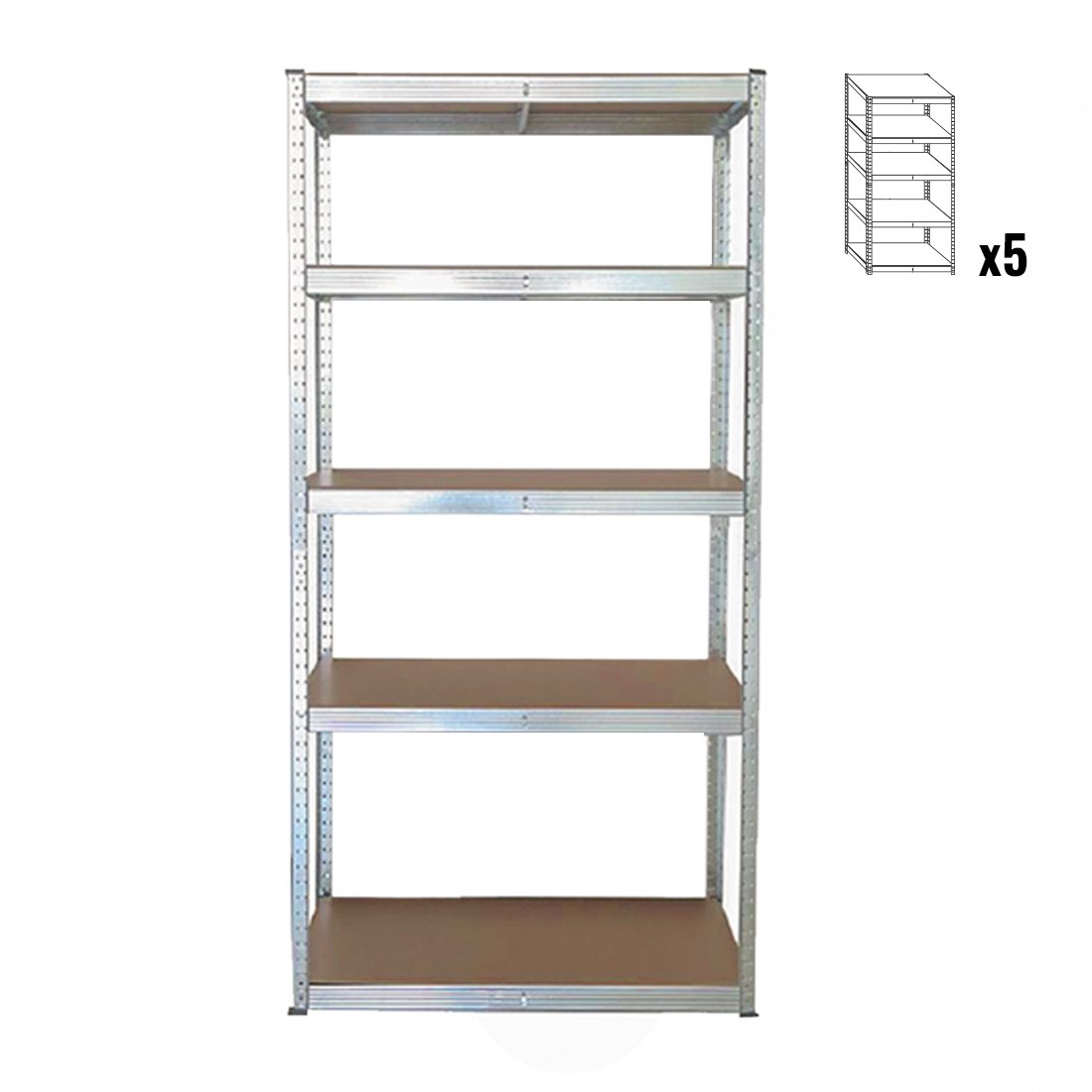 Pack 5x Stabil S, bezskrutkový kovový regál s HDF policou, 180x90x40 cm, 5 políc, 175kg na policu, zinok