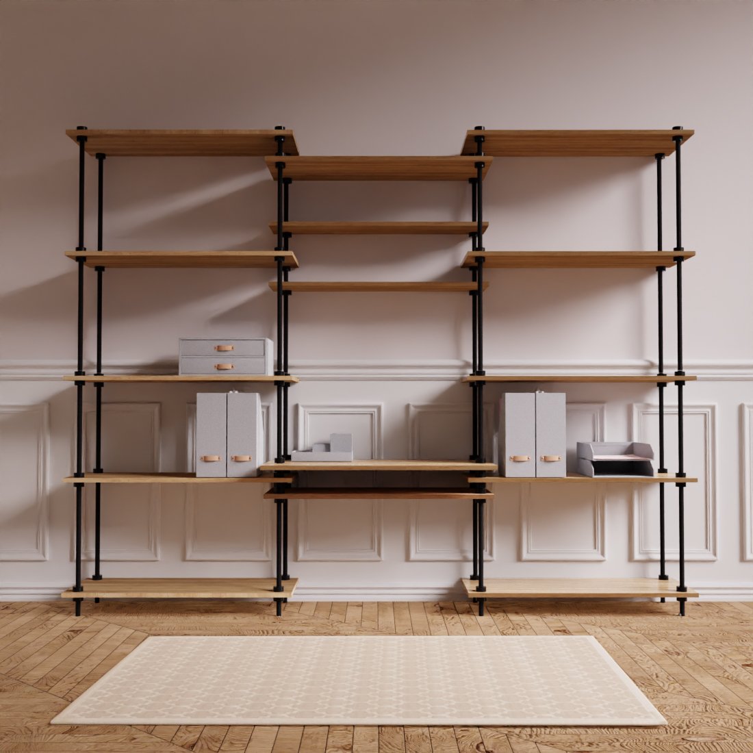 Regál s písacím stolom DECO s 15 policami a sivým príslušenstvom, 185x235x35/52,5 cm