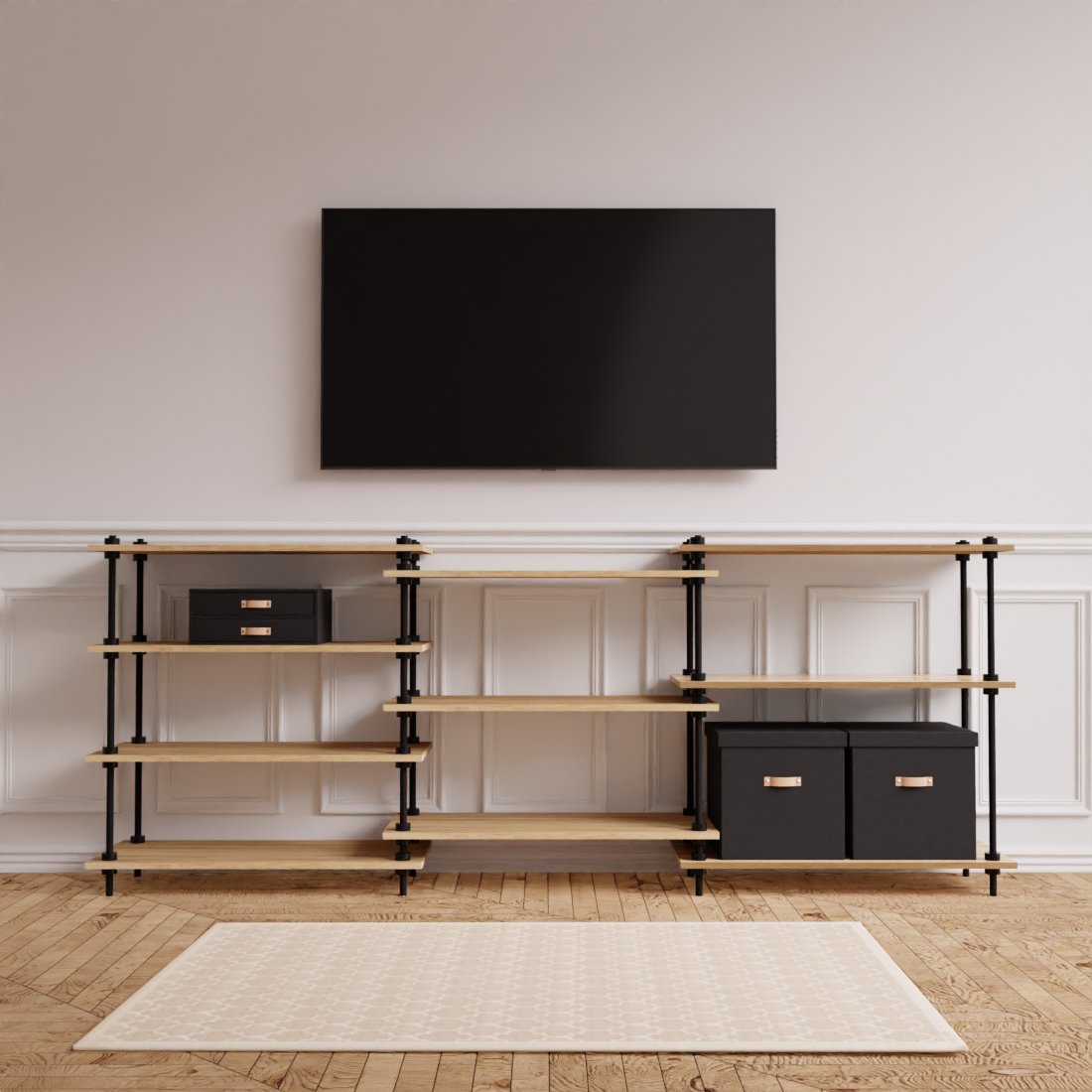 DECO PACK - kovovo drevený, nízky policový regálový systém s laminovanými policami a príslušenstvom, 92,5x235x35 cm