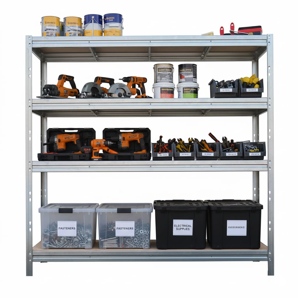 Kovový regál BULLRACK RIVET, DTD polica, 450-600 kg na policu, zinok