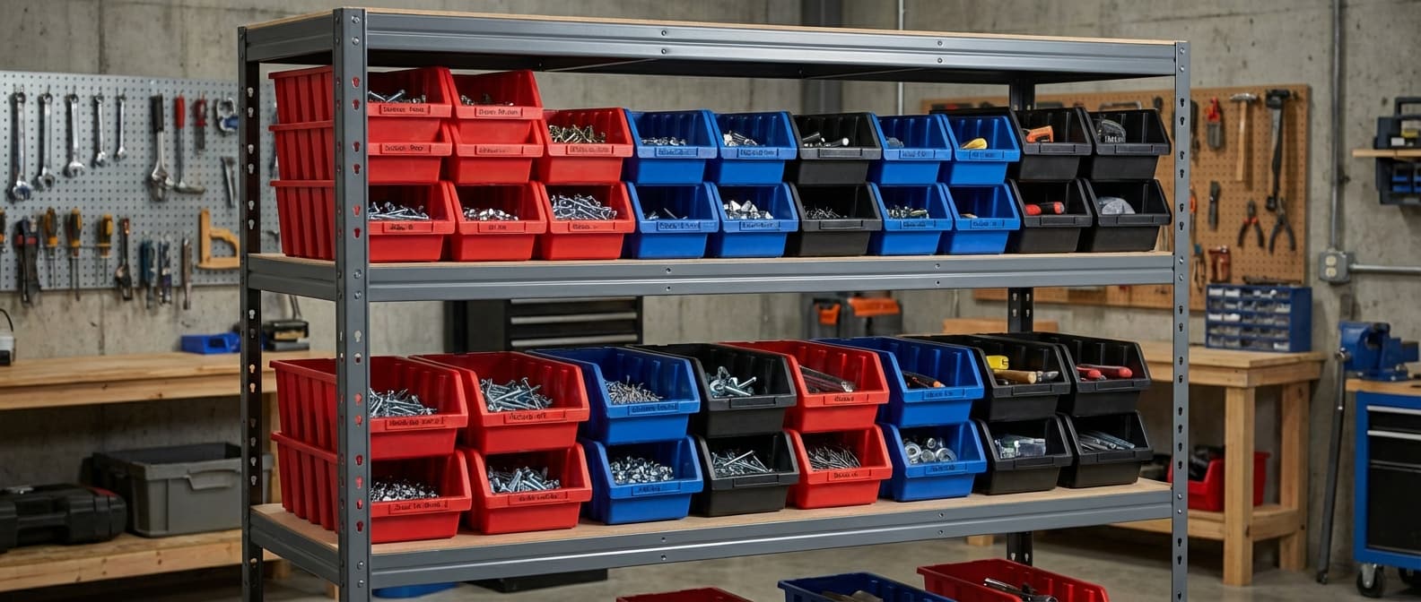 Regál na skladovacie boxy RIVET s otvorenými boxmi Ergobox 4, 180×90×45/180×120×45 cm, do 20 boxov/úroveň